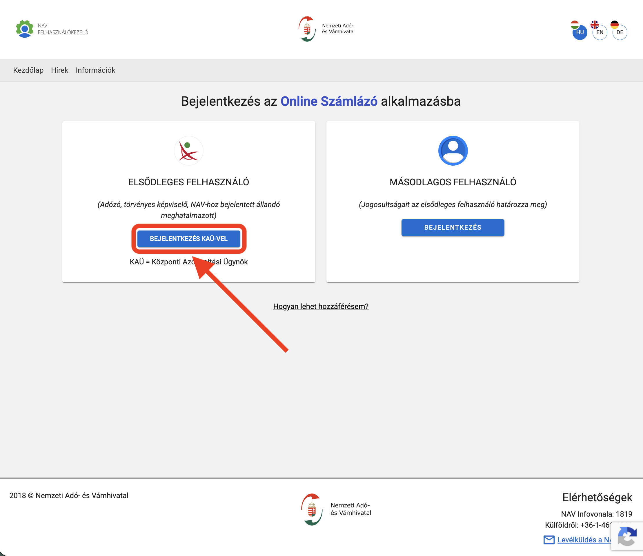 Bejelentkezés KAÜ-vel