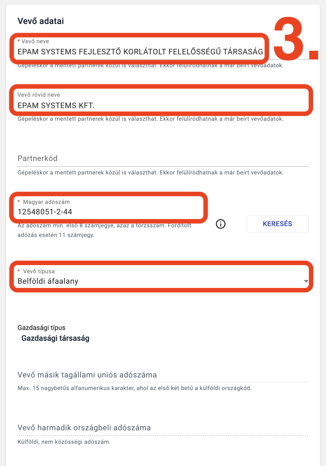 Vevő adatai – automatikusan kitöltve