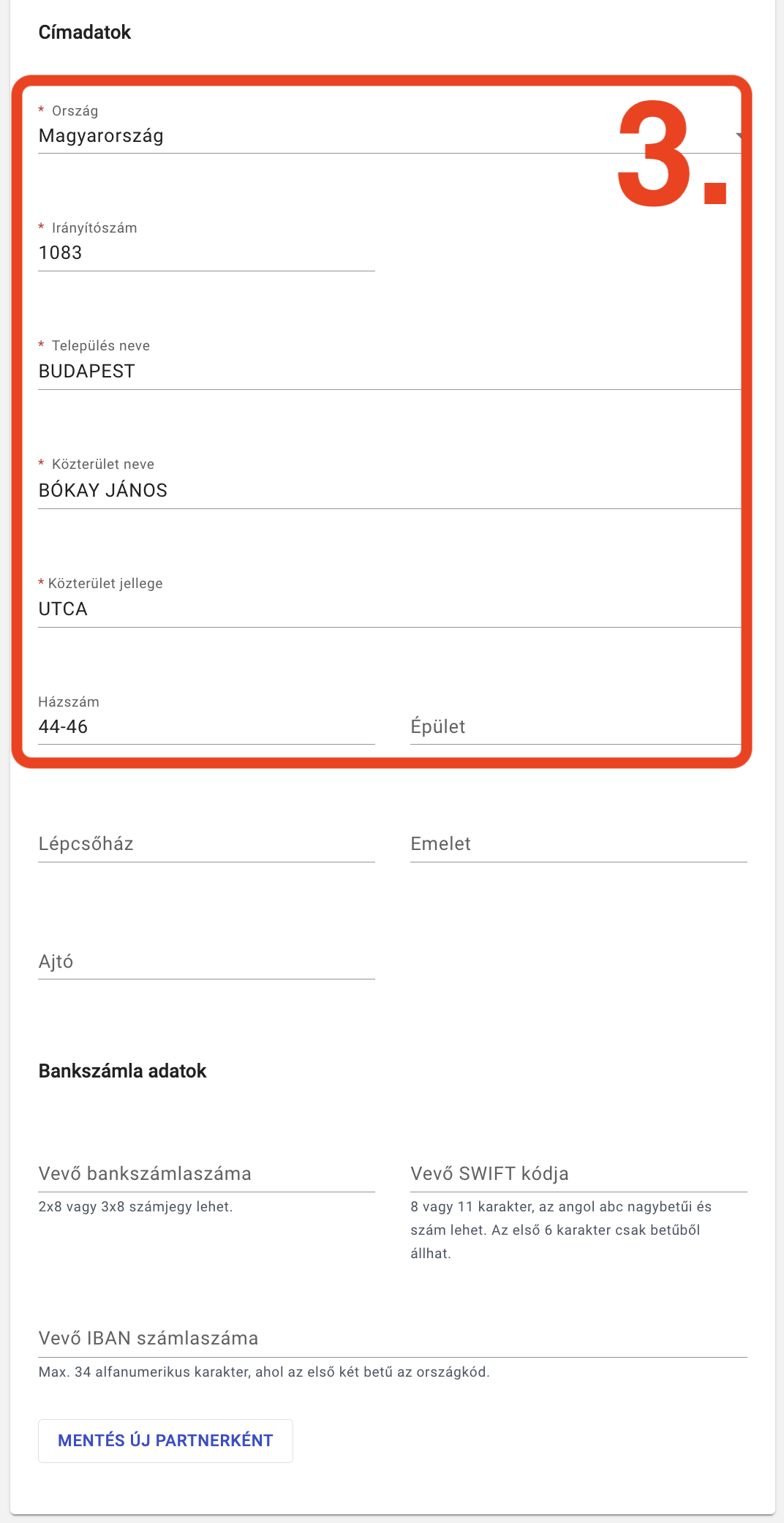 Vevő adatai – cím és mentés új partnerként