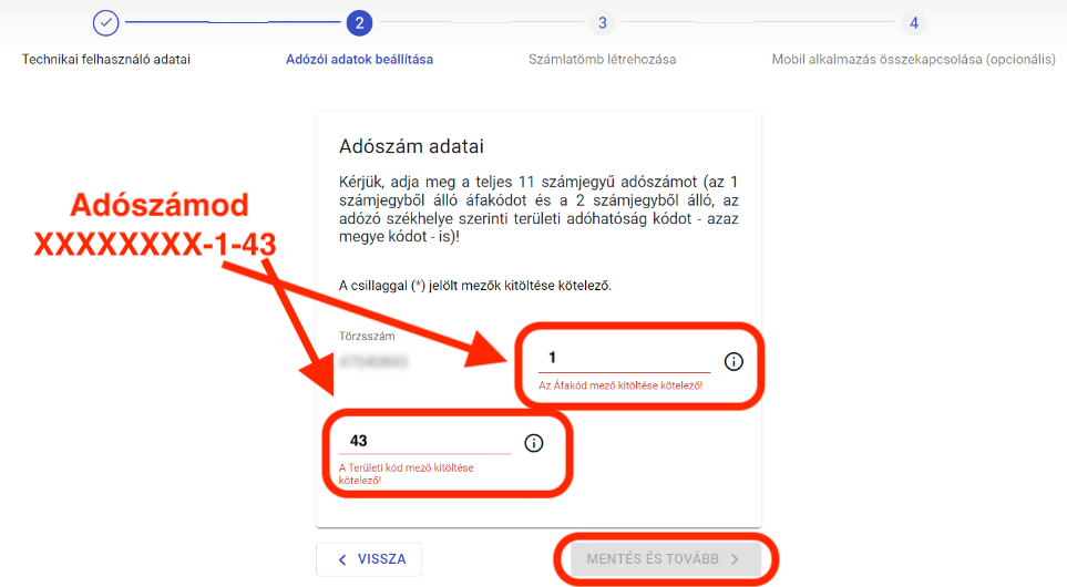 Adózói adatok beállítása – adószám megadása