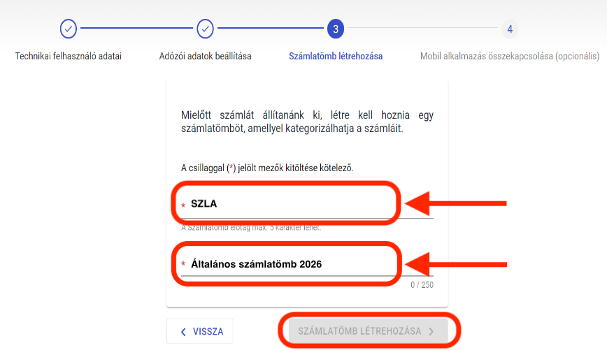 Számlatömb létrehozása