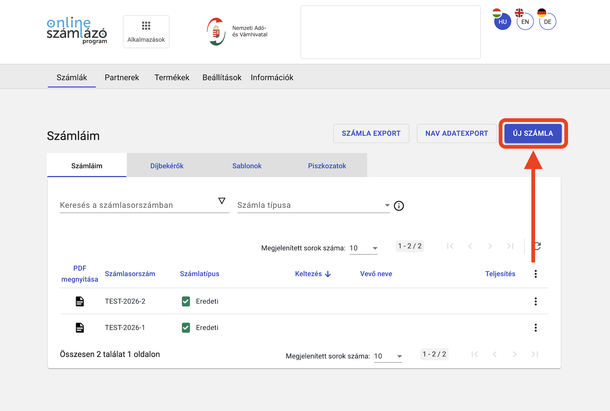 Számláim főoldal – Új számla gomb