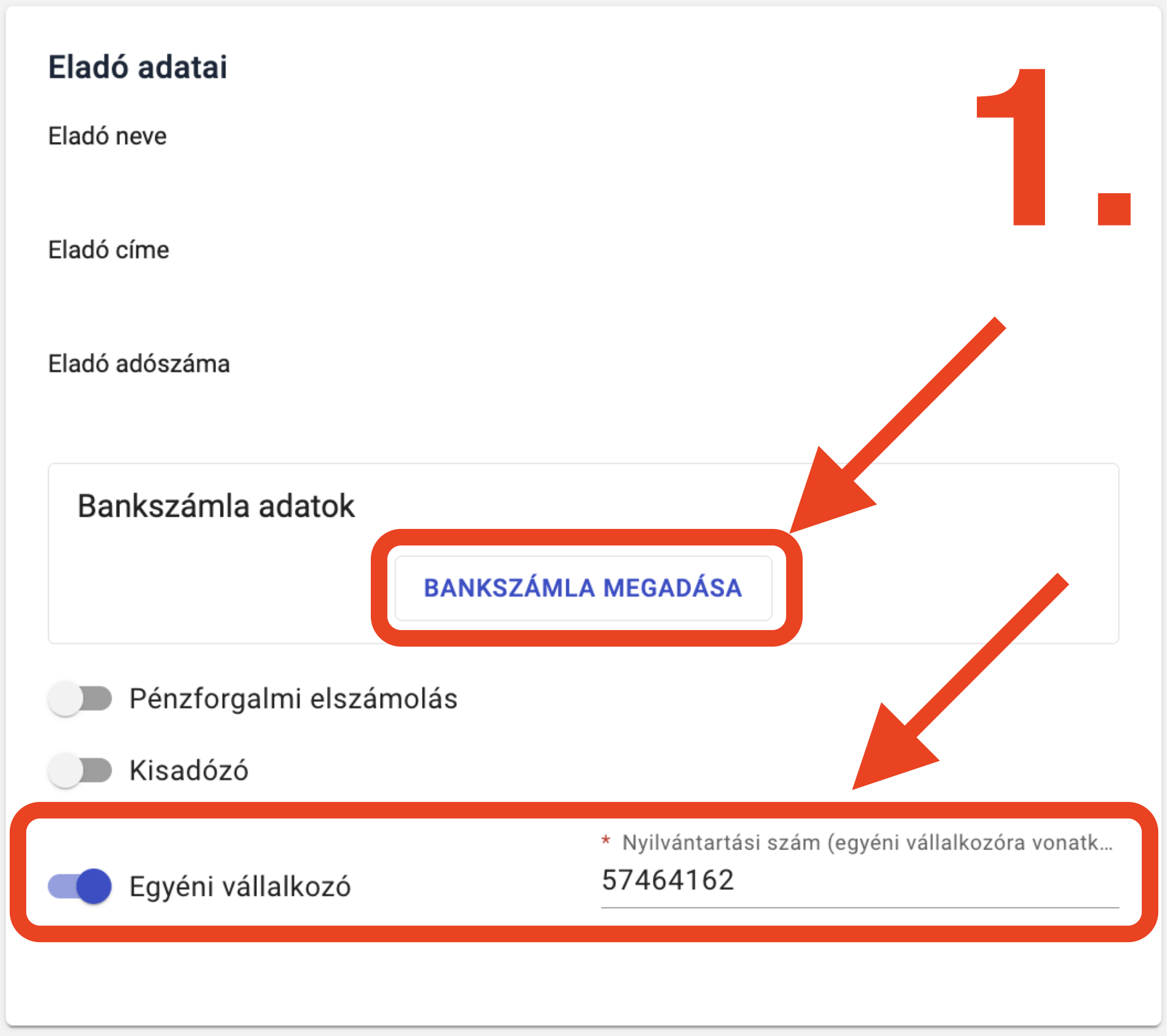 Eladó adatai – bankszámla és egyéni vállalkozó
