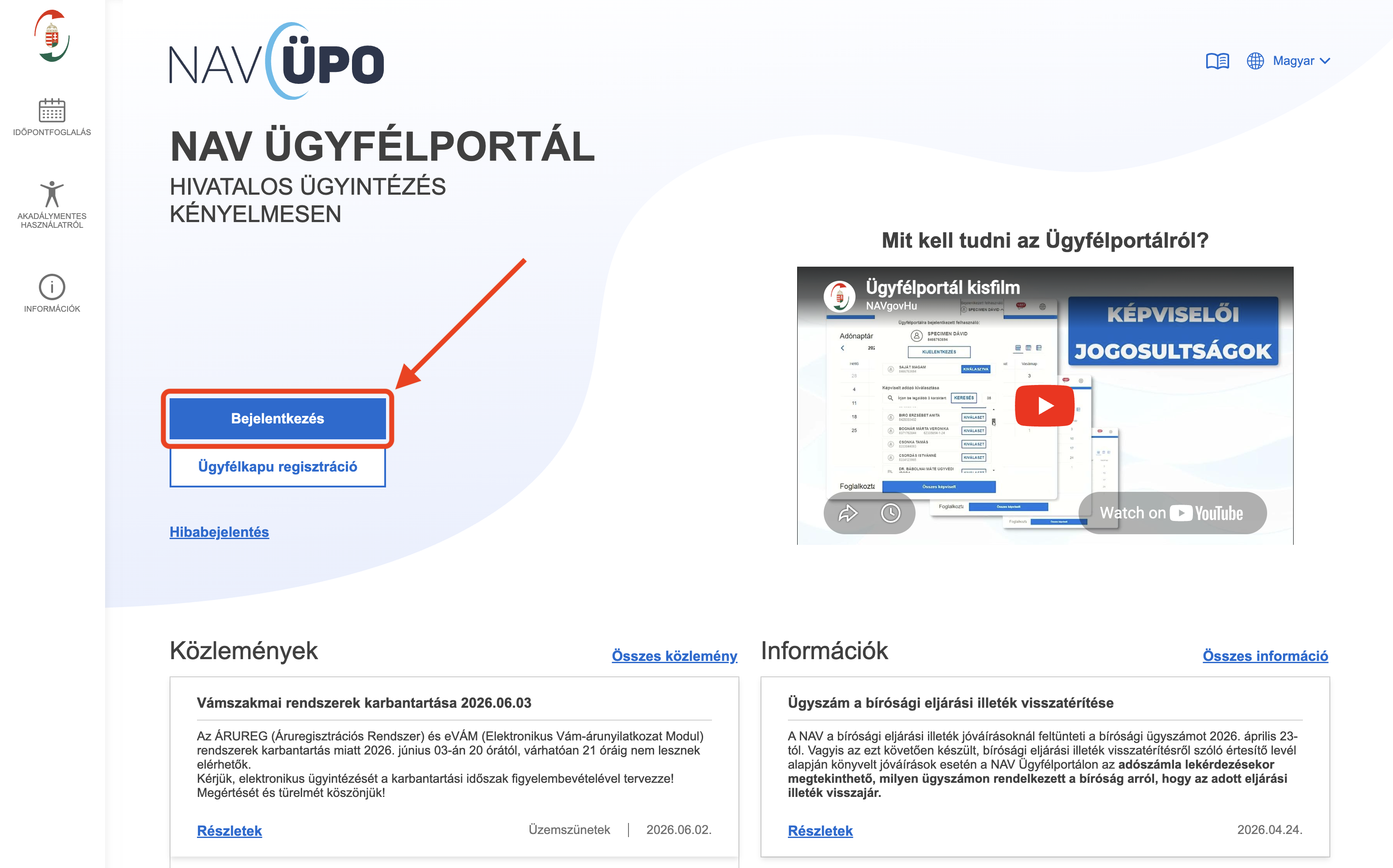 NAV Ügyfélportál főoldal – Bejelentkezés gomb