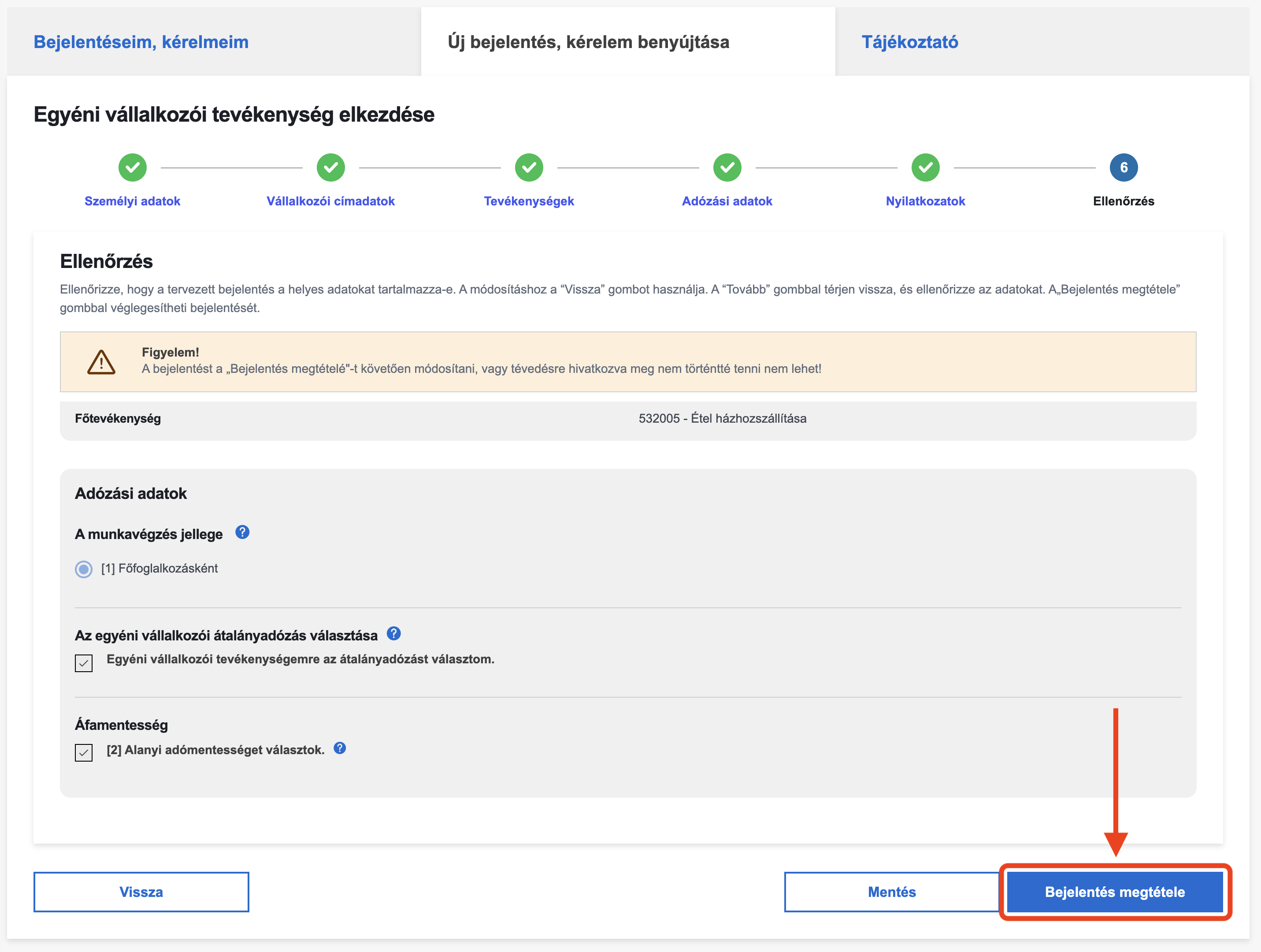 Ellenőrzés – Bejelentés megtétele gomb