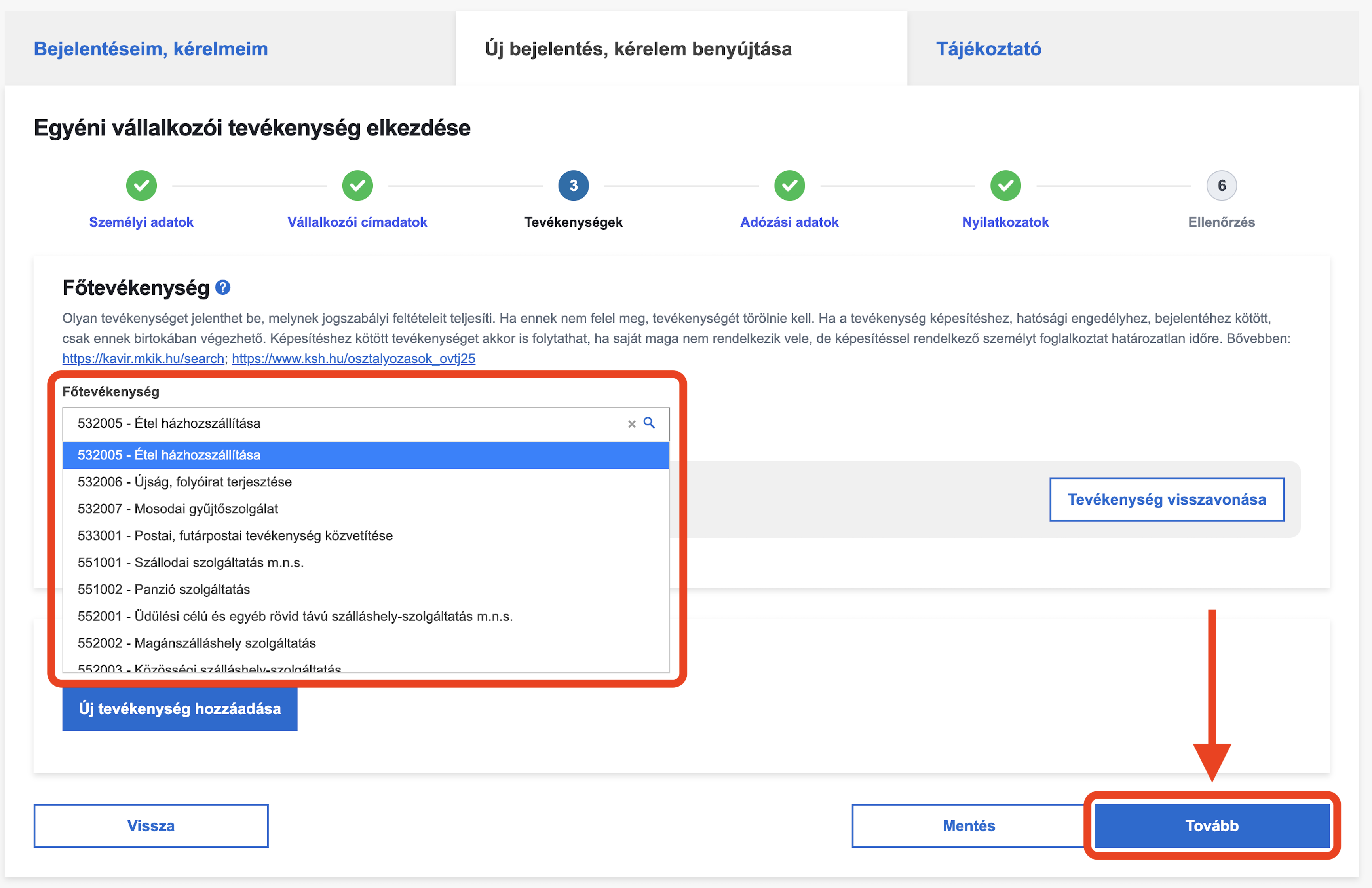 Tevékenységek – Főtevékenység TEÁOR kiválasztása