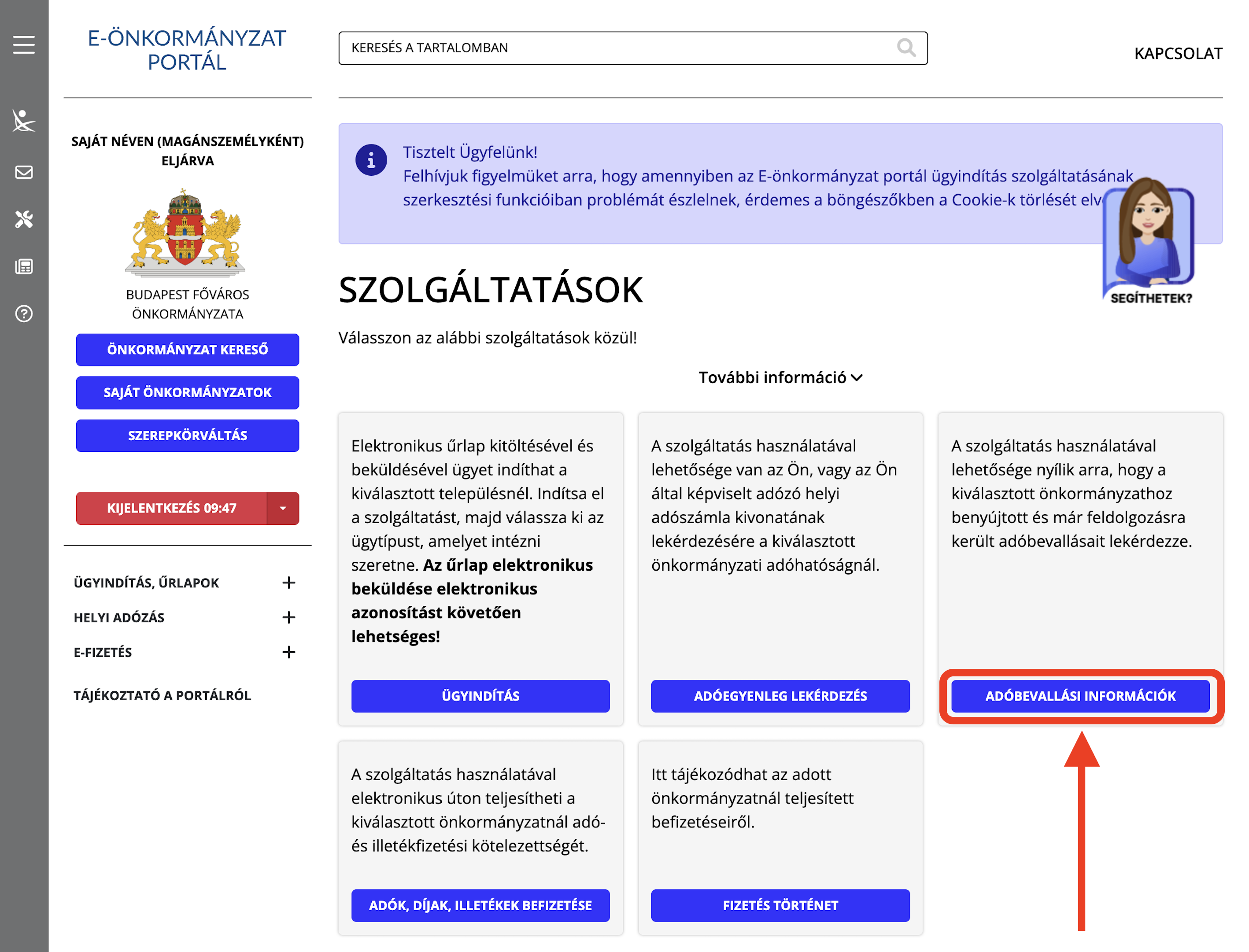 A Szolgáltatások oldalon kattints az „Adóbevallási információk" gombra.