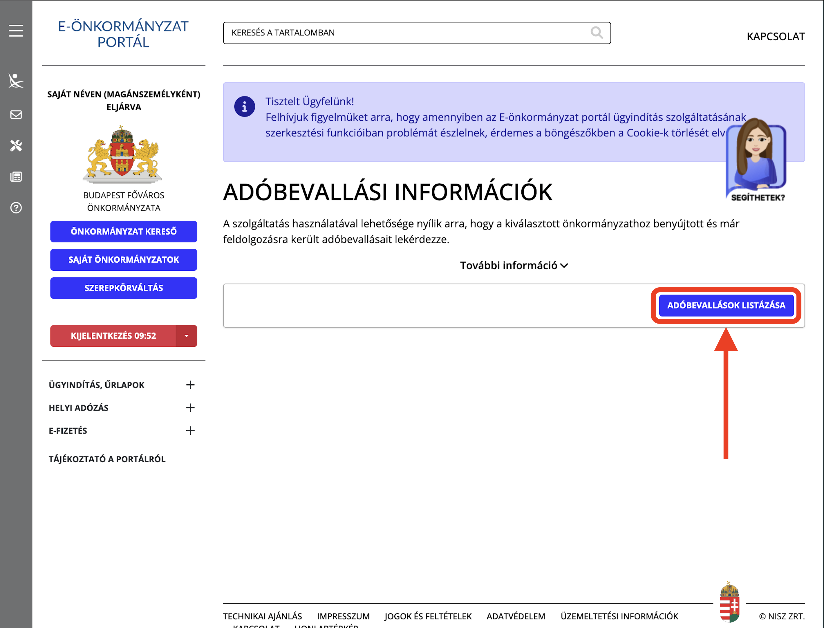 Az Adóbevallási Információk oldalon kattints az „Adóbevallások listázása" gombra.
