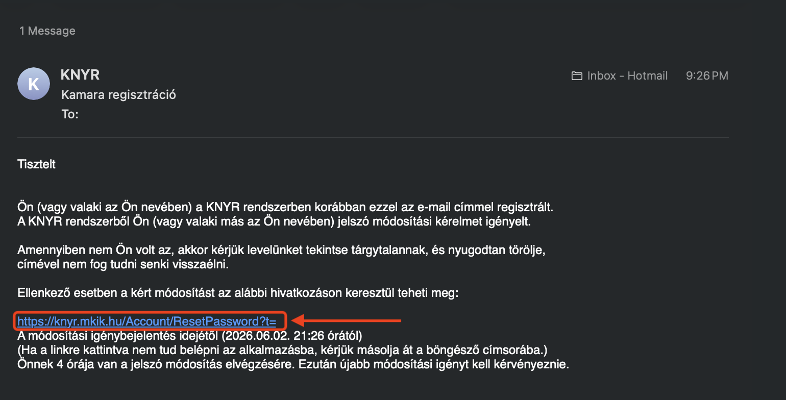 E-mail – KNYR jelszó módosítási link