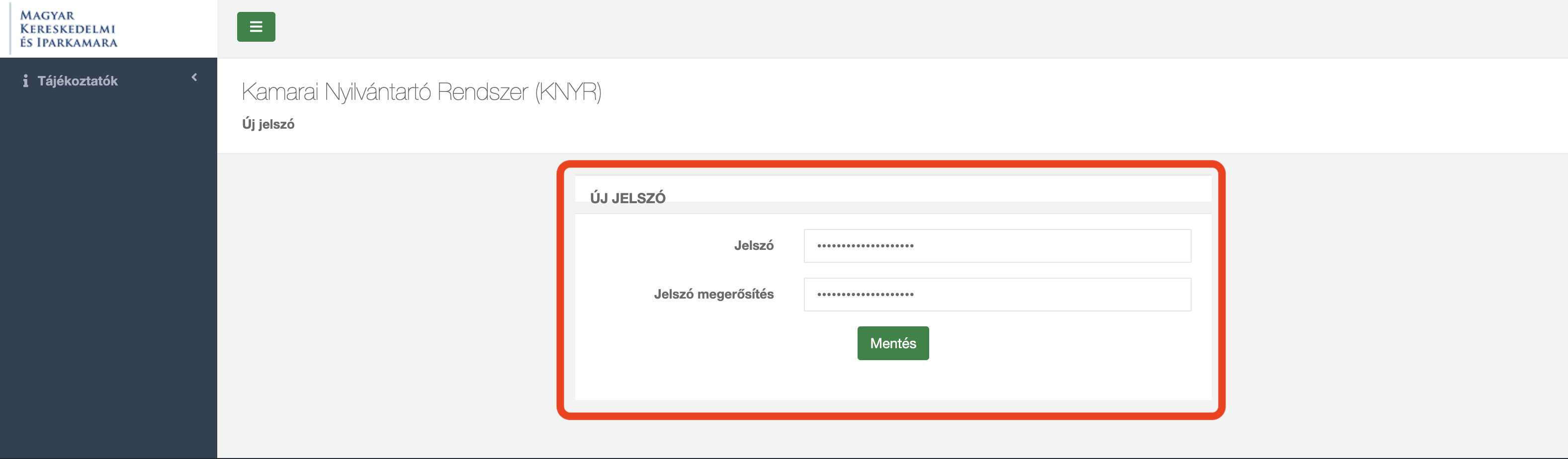 KNYR – Új jelszó beállítása