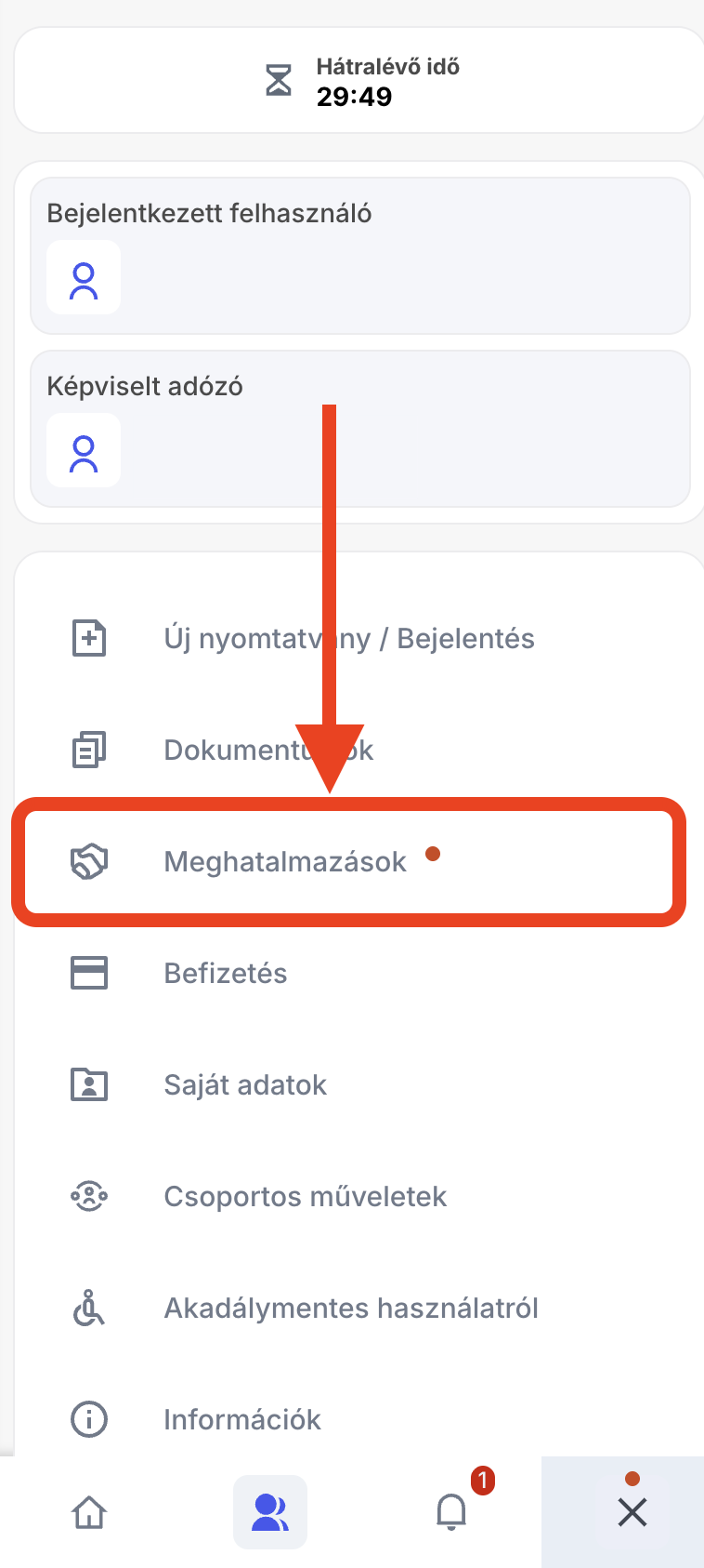 A megnyíló menüben koppints a „Meghatalmazások" pontra.