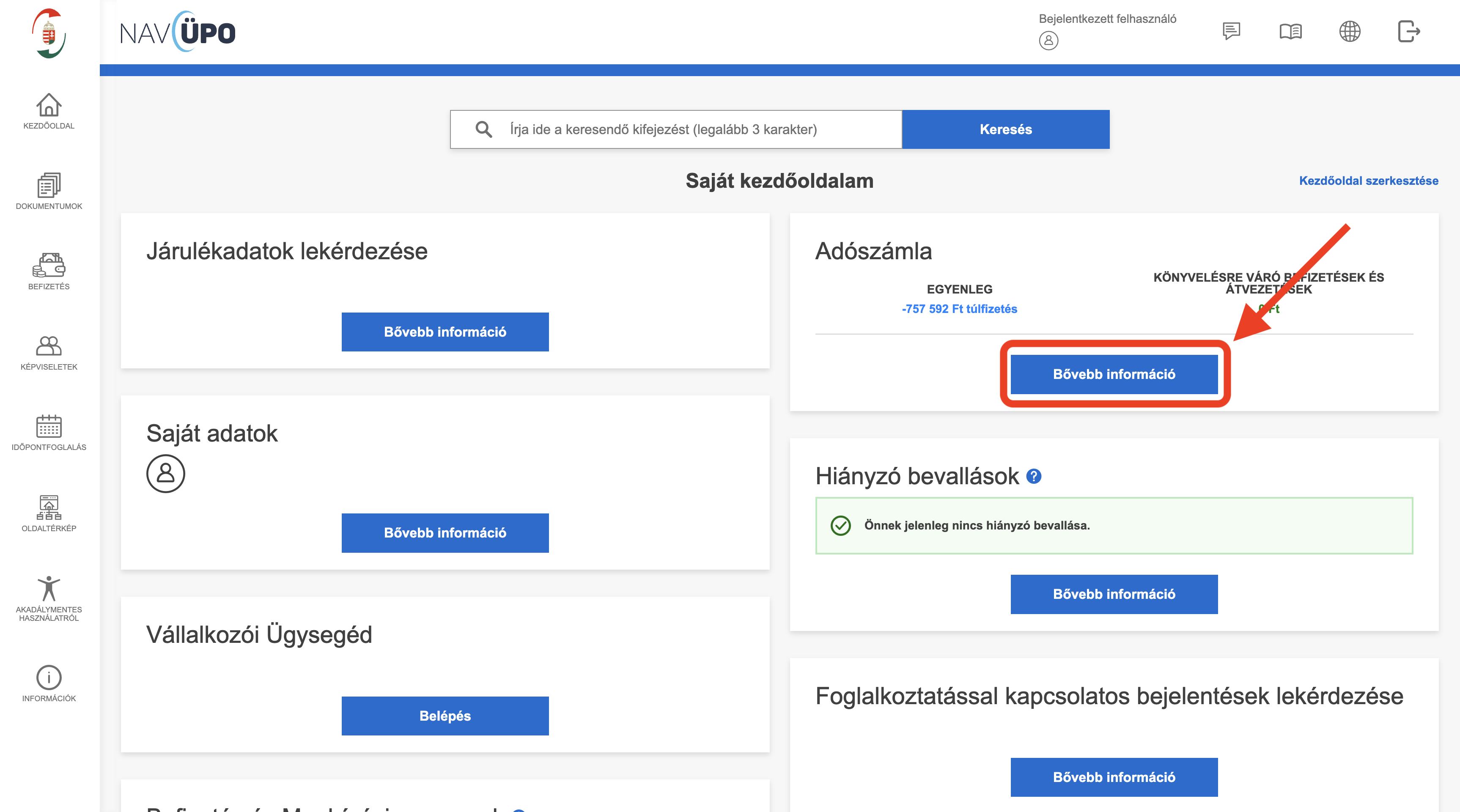 Adószámla alatt nyisd meg a bővített információt