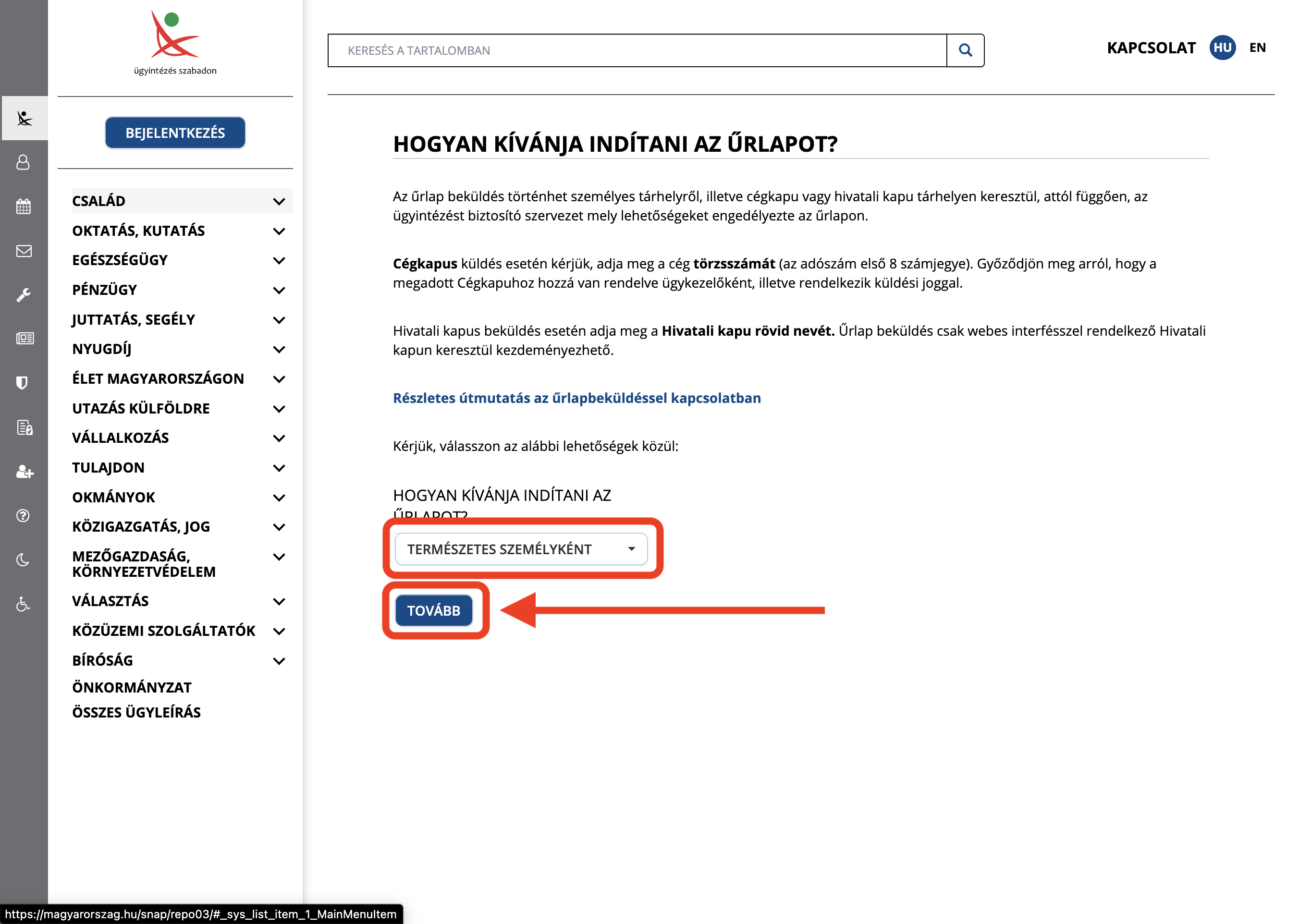Válaszd a „Természetes személyként" opciót, majd kattints a „Tovább" gombra.