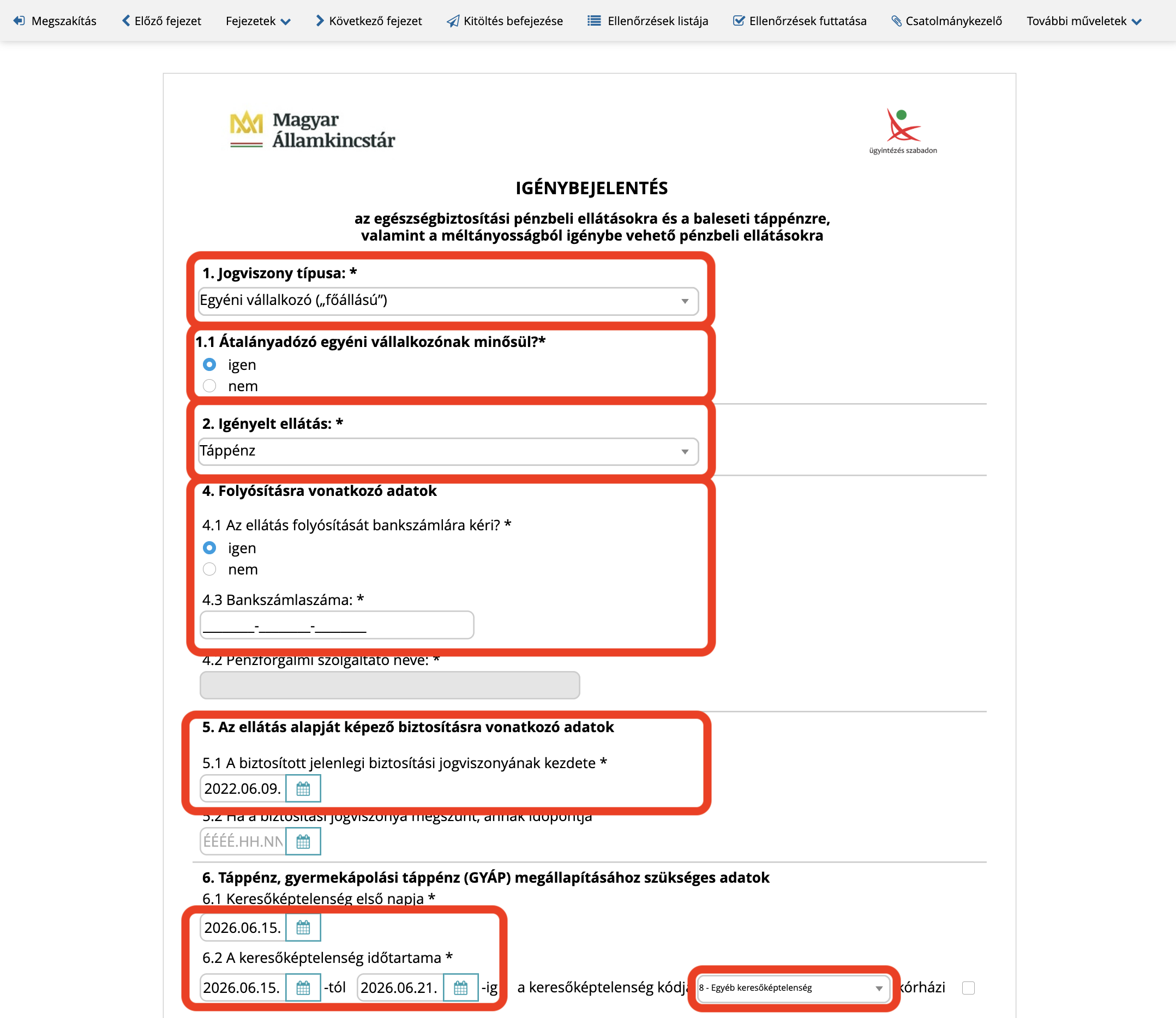 Ez a legfontosabb fejezet — töltsd ki a táppénz adatait: