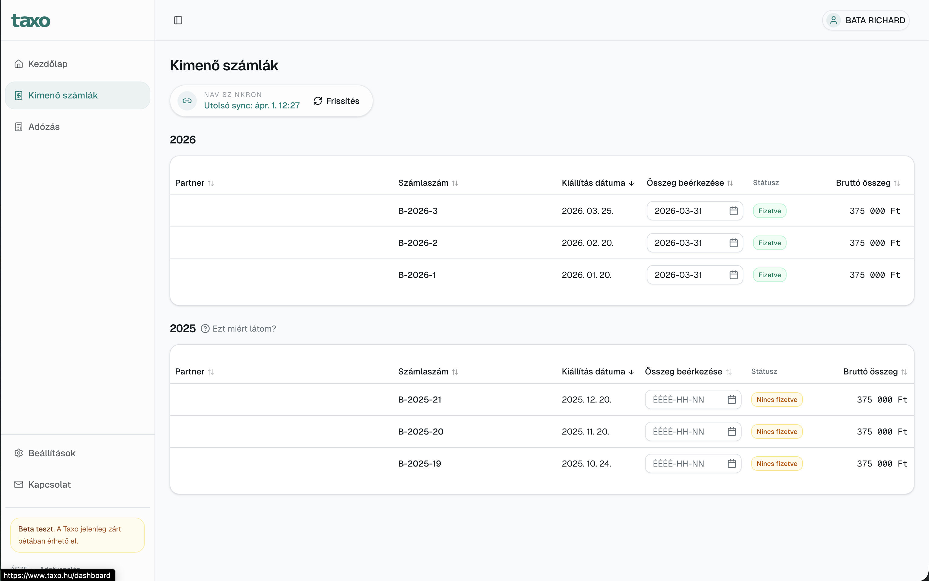 Taxo kimenő számlák nézet