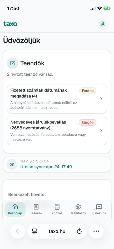 A Taxo kezdőlapja telefonon: teendők, NAV szinkron és beérkezett bevétel