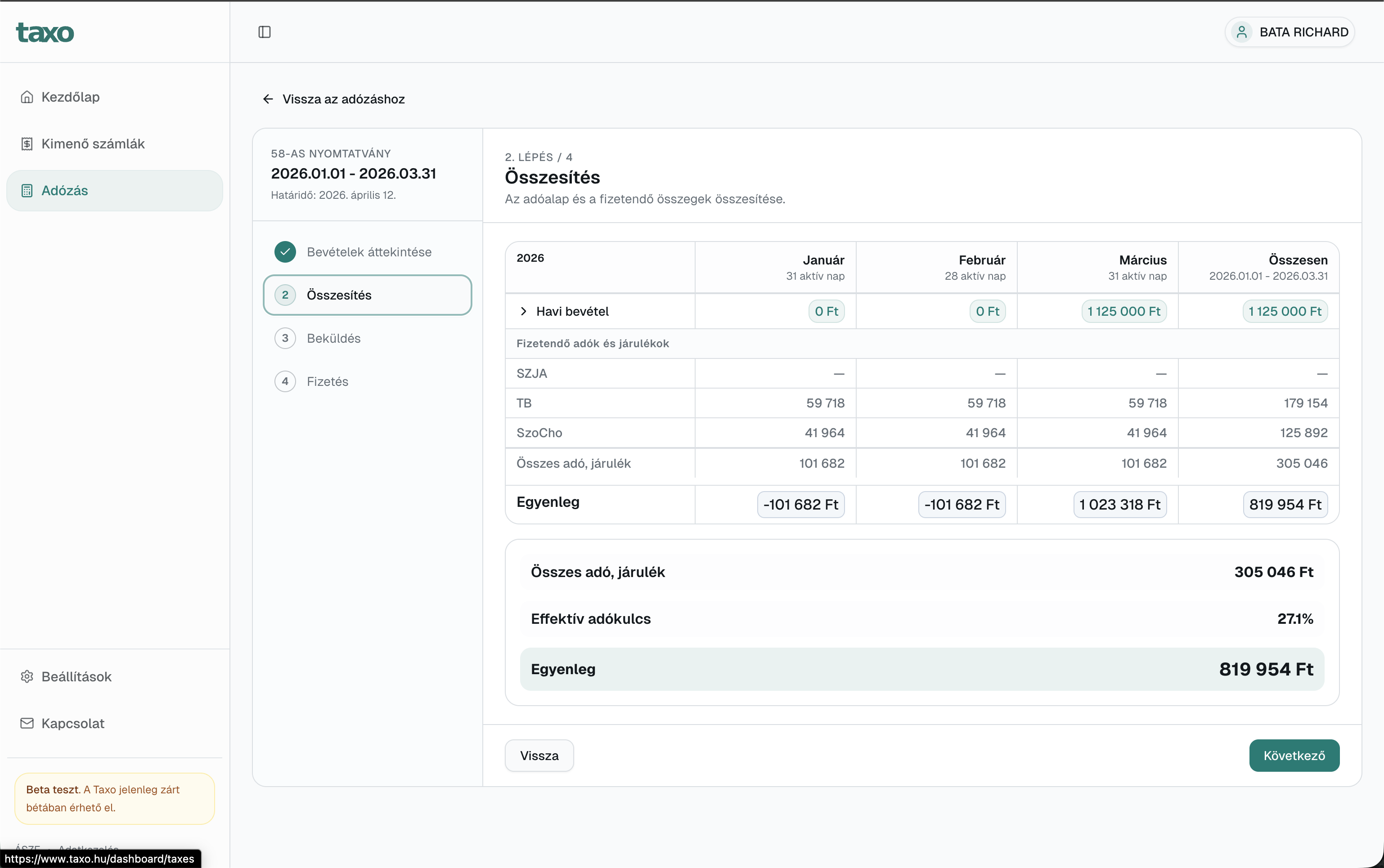 Taxo adóösszesítő nézet
